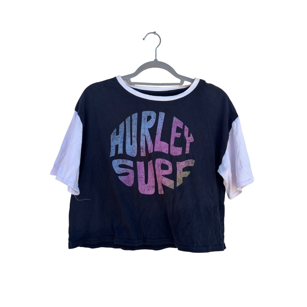 Hurley Surf Cropped T-Shirt Womens Black White Ringer Graphic Tee‎ Sz M